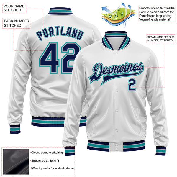 Custom White Navy Teal-Gray Bomber Full-Snap Varsity Faux Leather Letterman Jacket