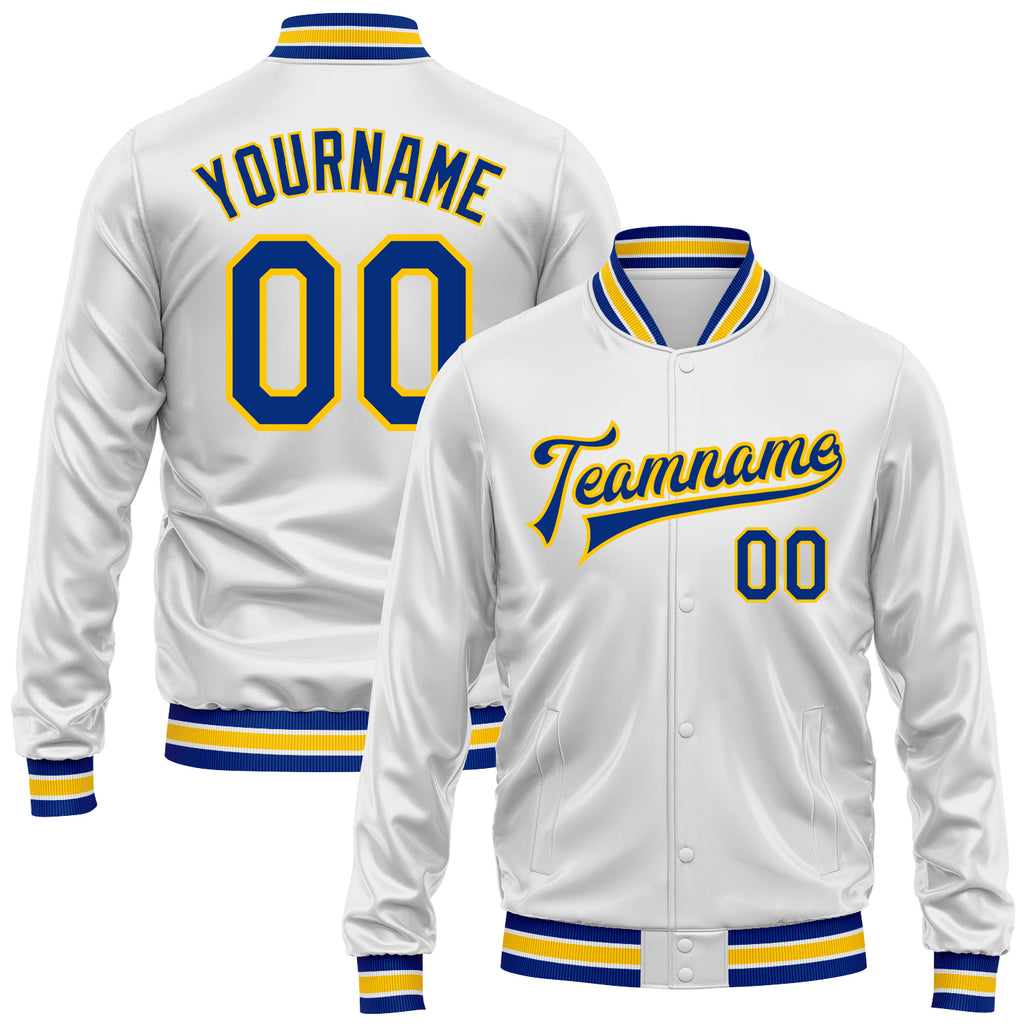 Custom White Royal-Yellow Bomber Full-Snap Varsity Faux Leather Letterman Jacket