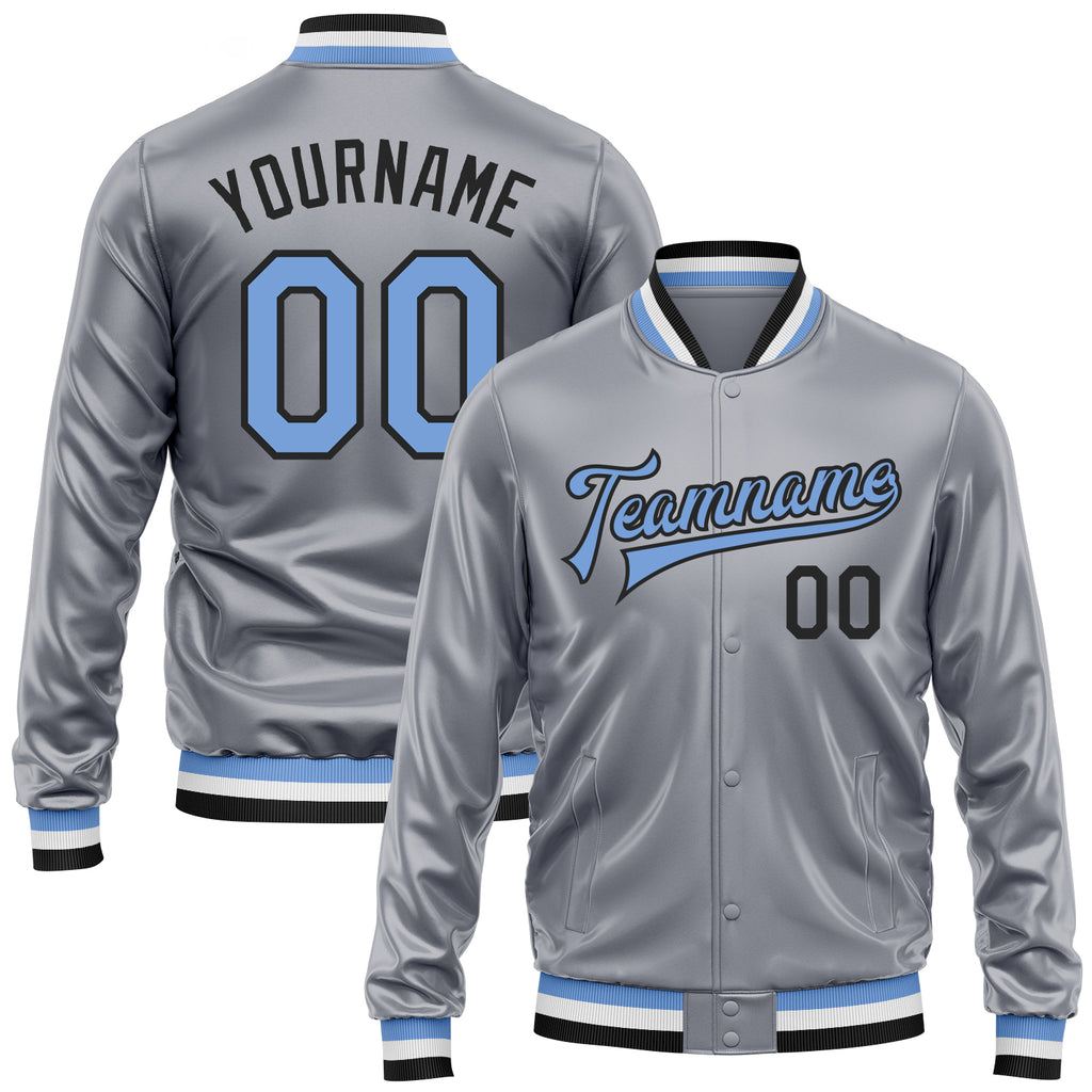 Custom Gray Light Blue-Black Bomber Full-Snap Varsity Faux Leather Letterman Jacket