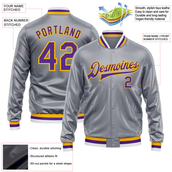 Custom Gray Purple-Gold Bomber Full-Snap Varsity Faux Leather Letterman Jacket