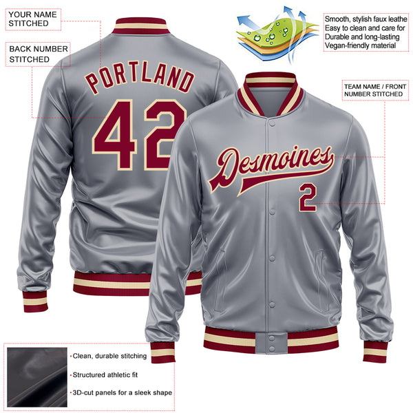 Custom Gray Maroon-Cream Bomber Full-Snap Varsity Faux Leather Letterman Jacket