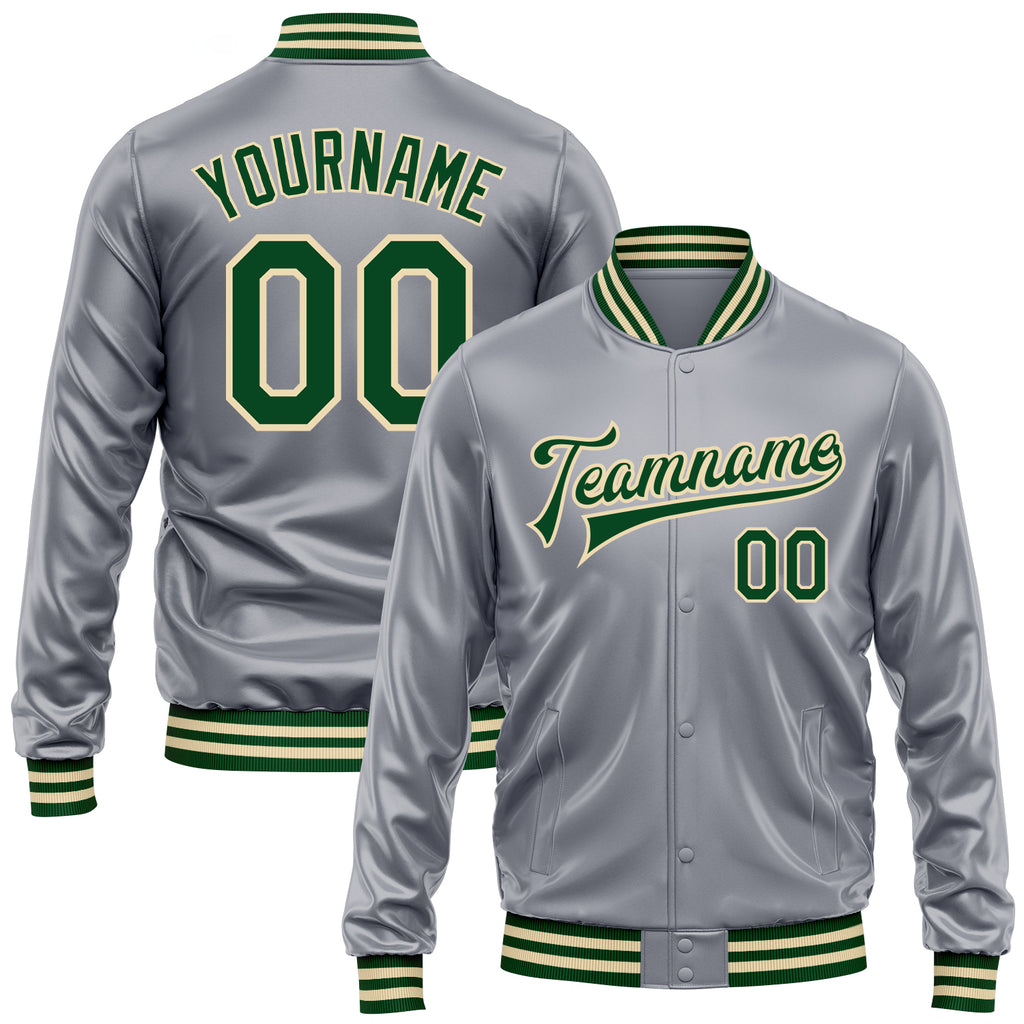 Custom Gray Green-Cream Bomber Full-Snap Varsity Faux Leather Letterman Jacket