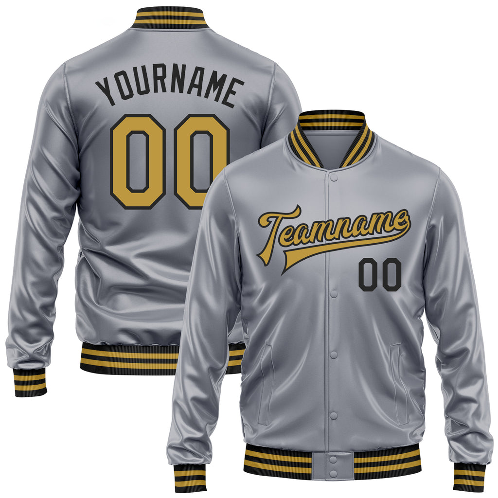 Custom Gray Old Gold-Black Bomber Full-Snap Varsity Faux Leather Letterman Jacket