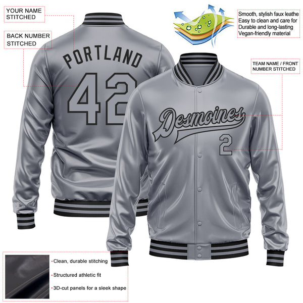 Custom Gray Gray-Black Bomber Full-Snap Varsity Faux Leather Letterman Jacket