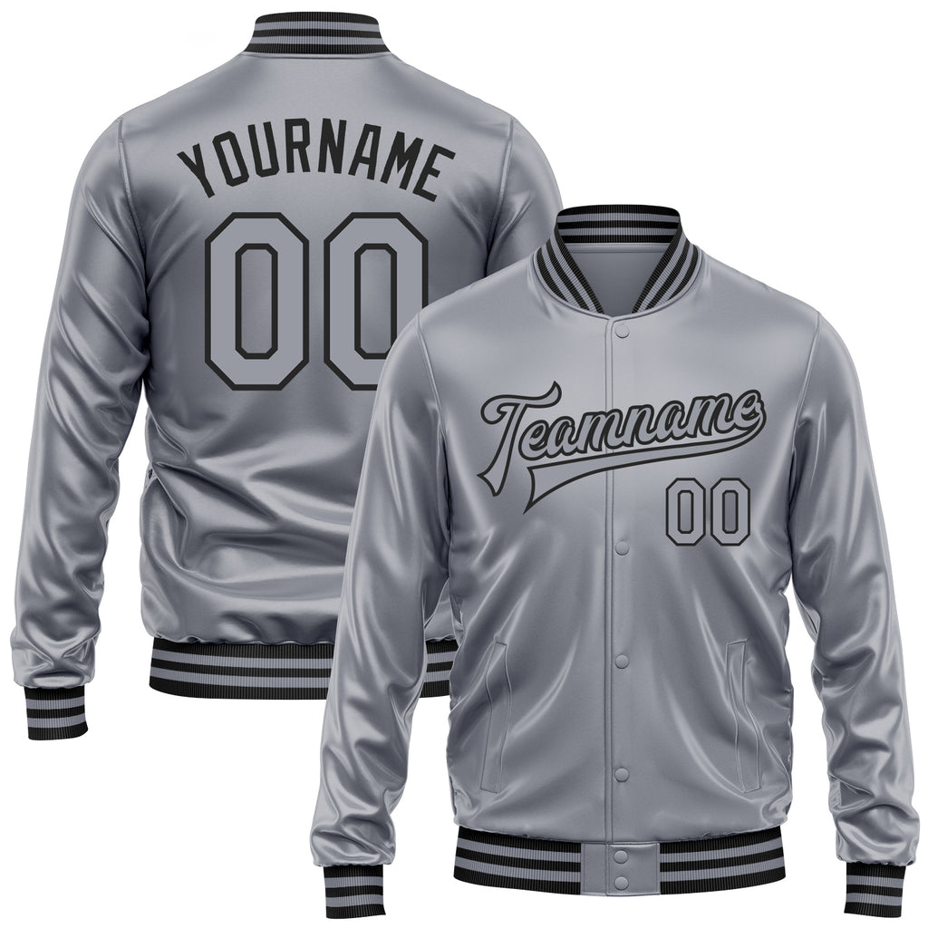 Custom Gray Gray-Black Bomber Full-Snap Varsity Faux Leather Letterman Jacket