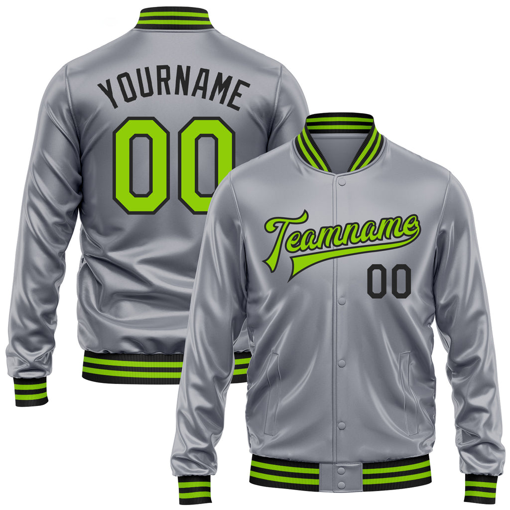 Custom Gray Neon Green-Black Bomber Full-Snap Varsity Faux Leather Letterman Jacket