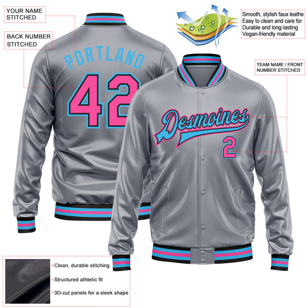 Custom Gray Pink Sky Blue-Black Bomber Full-Snap Varsity Faux Leather Letterman Jacket