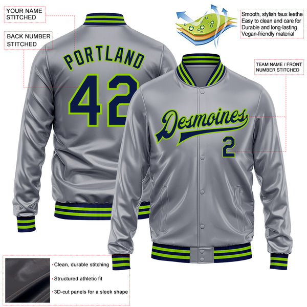 Custom Gray Navy-Neon Green Bomber Full-Snap Varsity Faux Leather Letterman Jacket