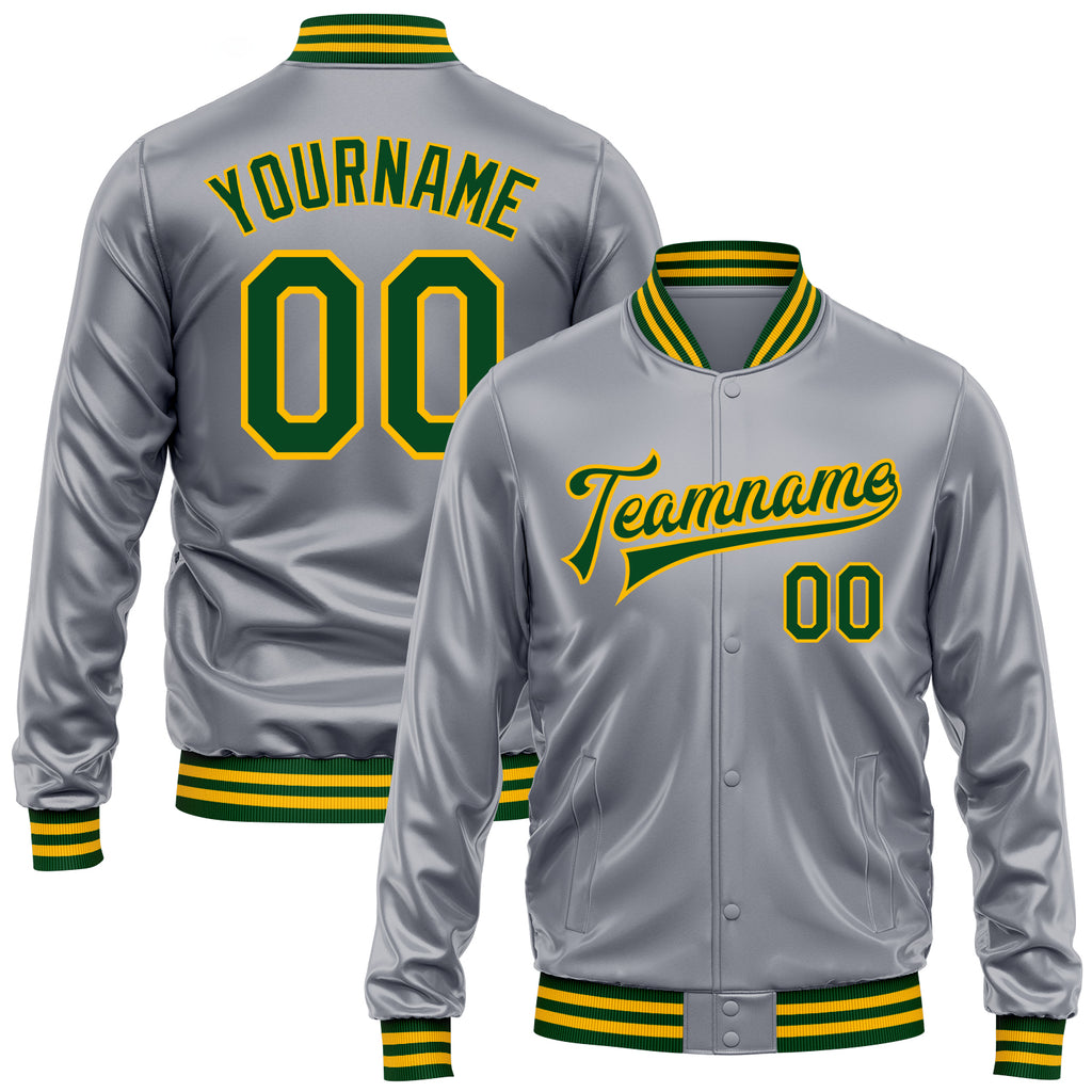Custom Gray Green-Gold Bomber Full-Snap Varsity Faux Leather Letterman Jacket