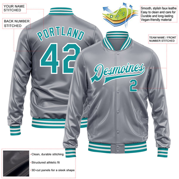 Custom Gray Teal-White Bomber Full-Snap Varsity Faux Leather Letterman Jacket