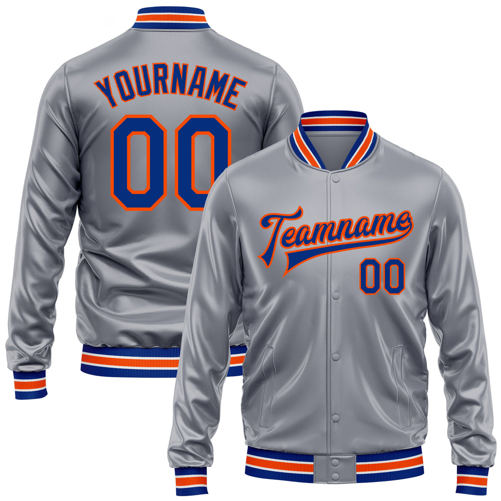 Custom Gray Royal-Orange Bomber Full-Snap Varsity Faux Leather Letterman Jacket
