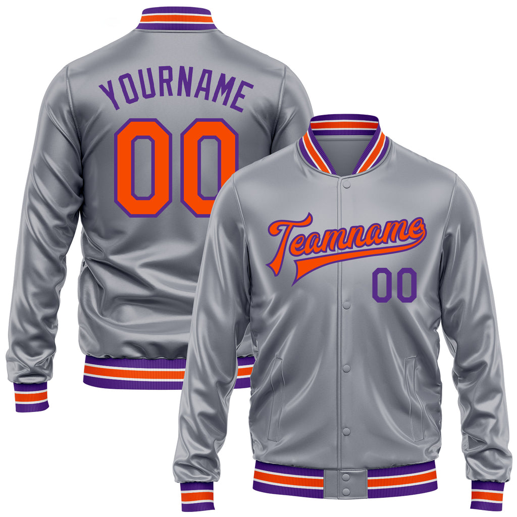Custom Gray Orange-Purple Bomber Full-Snap Varsity Faux Leather Letterman Jacket