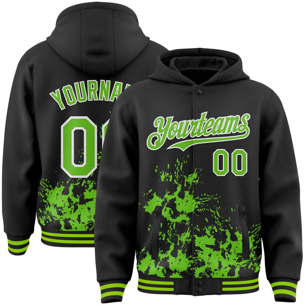 Custom Black Aurora Green-White Splash Art 3D Pattern Design Bomber Full-Snap Varsity Letterman Hoodie Jacket