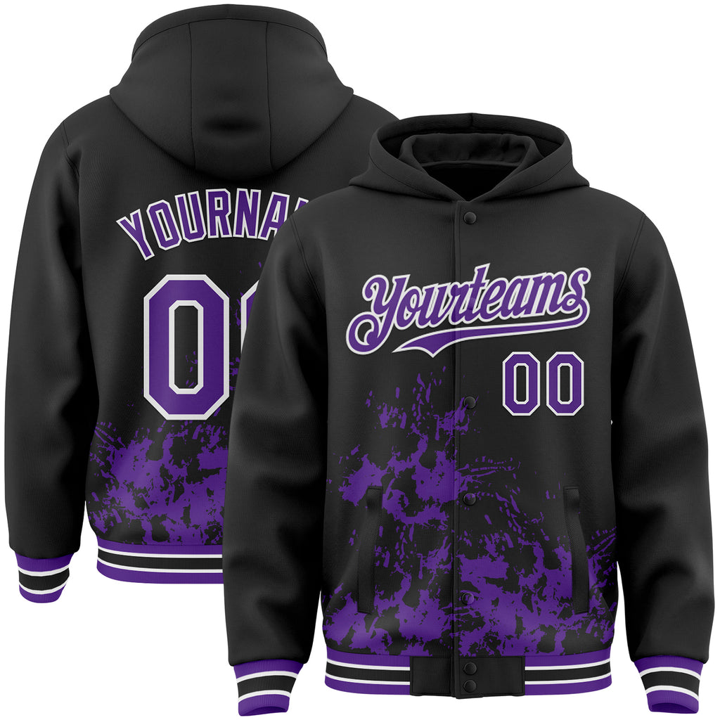 Custom Black Purple-White Splash Art 3D Pattern Design Bomber Full-Snap Varsity Letterman Hoodie Jacket