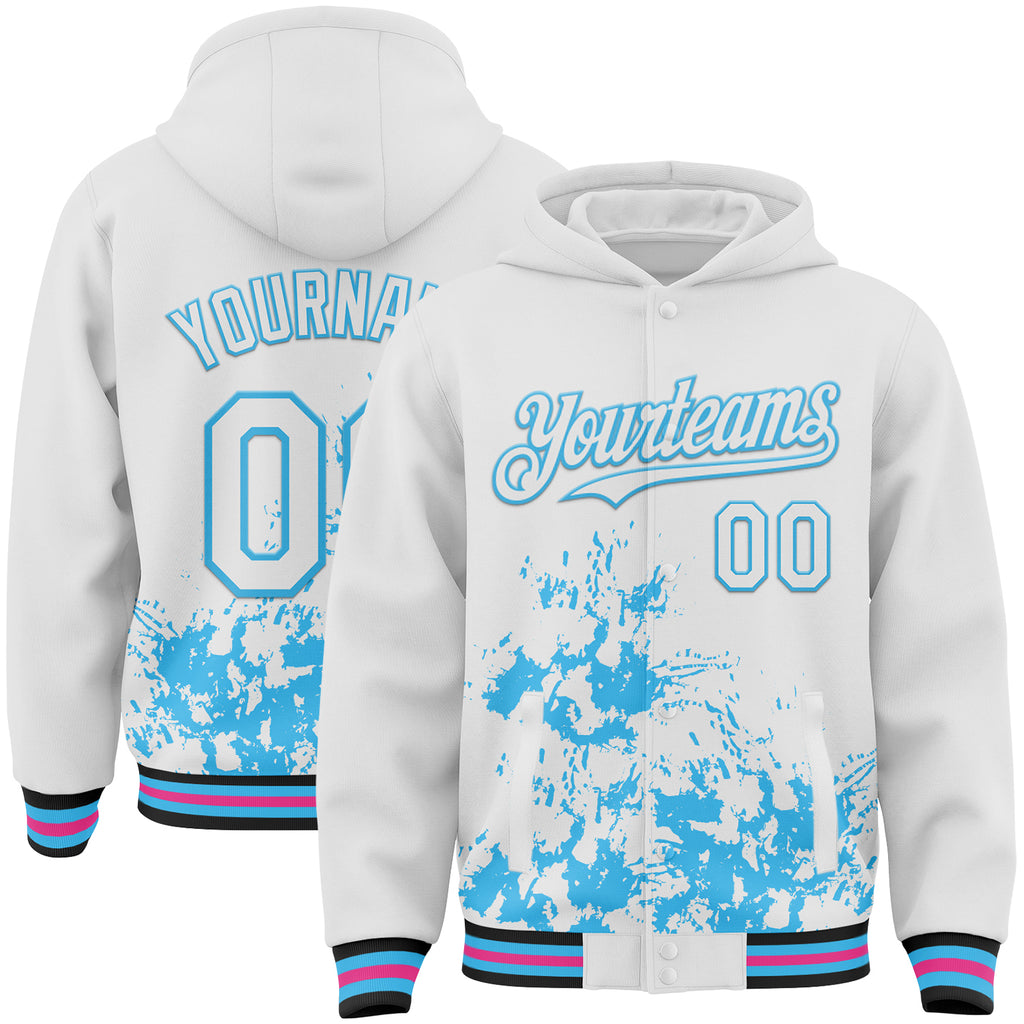 Custom White Sky Blue Black-Pink Splash Art 3D Pattern Design Bomber Full-Snap Varsity Letterman Hoodie Jacket
