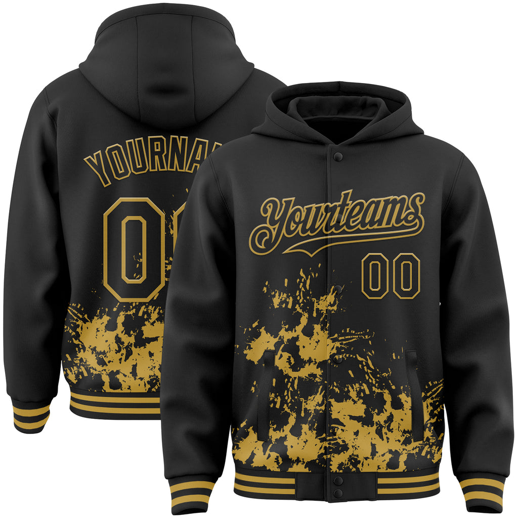Custom Black Old Gold Splash Art 3D Pattern Design Bomber Full-Snap Varsity Letterman Hoodie Jacket