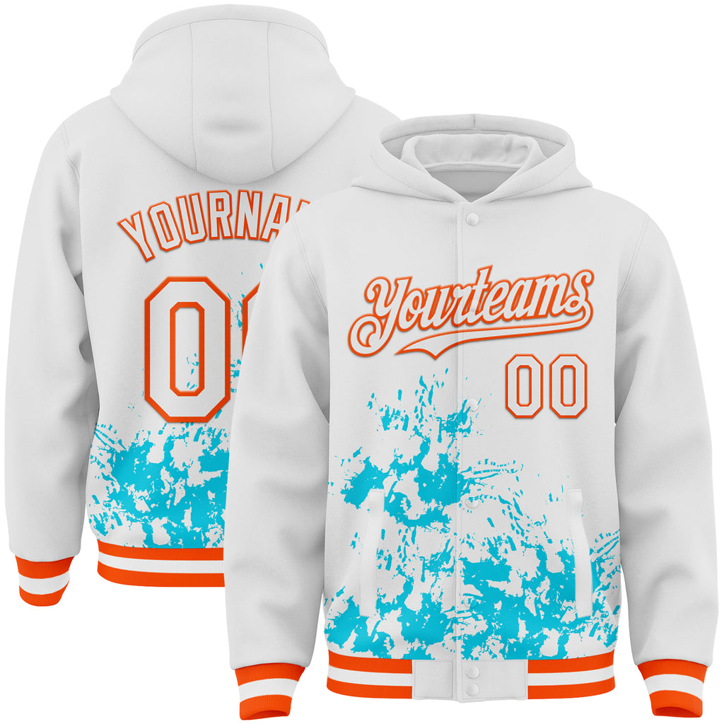Custom White Lakes Blue-Orange Splash Art 3D Pattern Design Bomber Full-Snap Varsity Letterman Hoodie Jacket