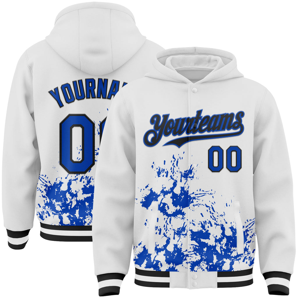 Custom White Thunder Blue-Black Splash Art 3D Pattern Design Bomber Full-Snap Varsity Letterman Hoodie Jacket