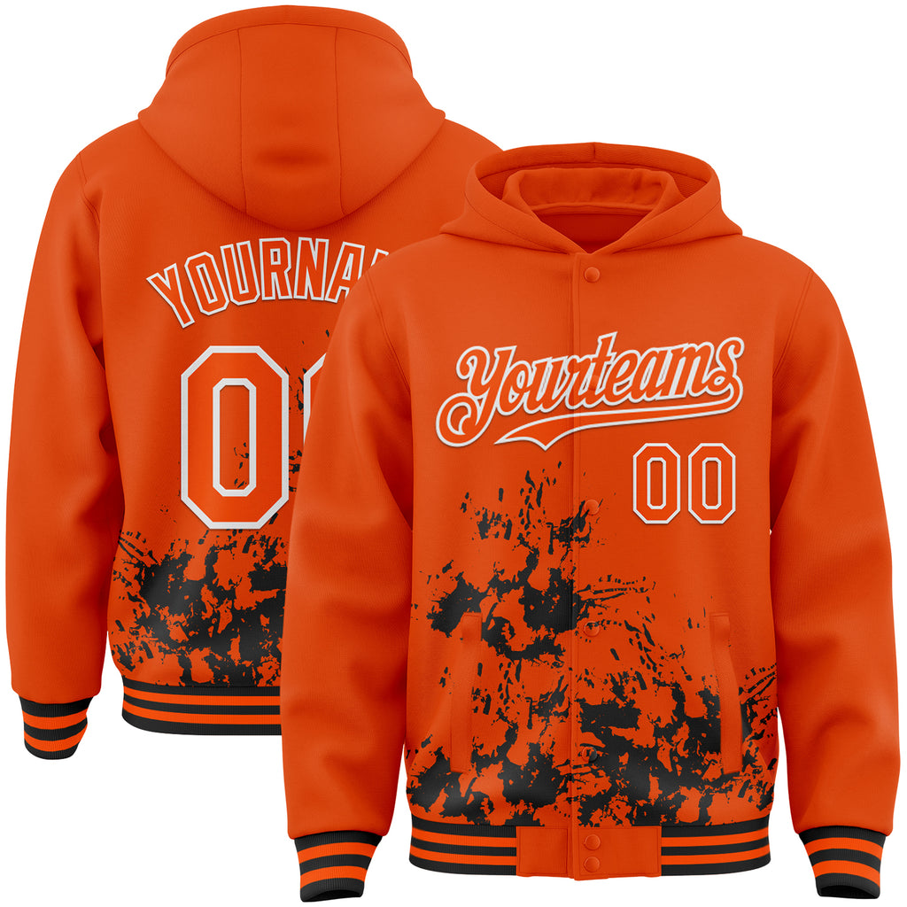 Custom Orange Black-White Splash Art 3D Pattern Design Bomber Full-Snap Varsity Letterman Hoodie Jacket