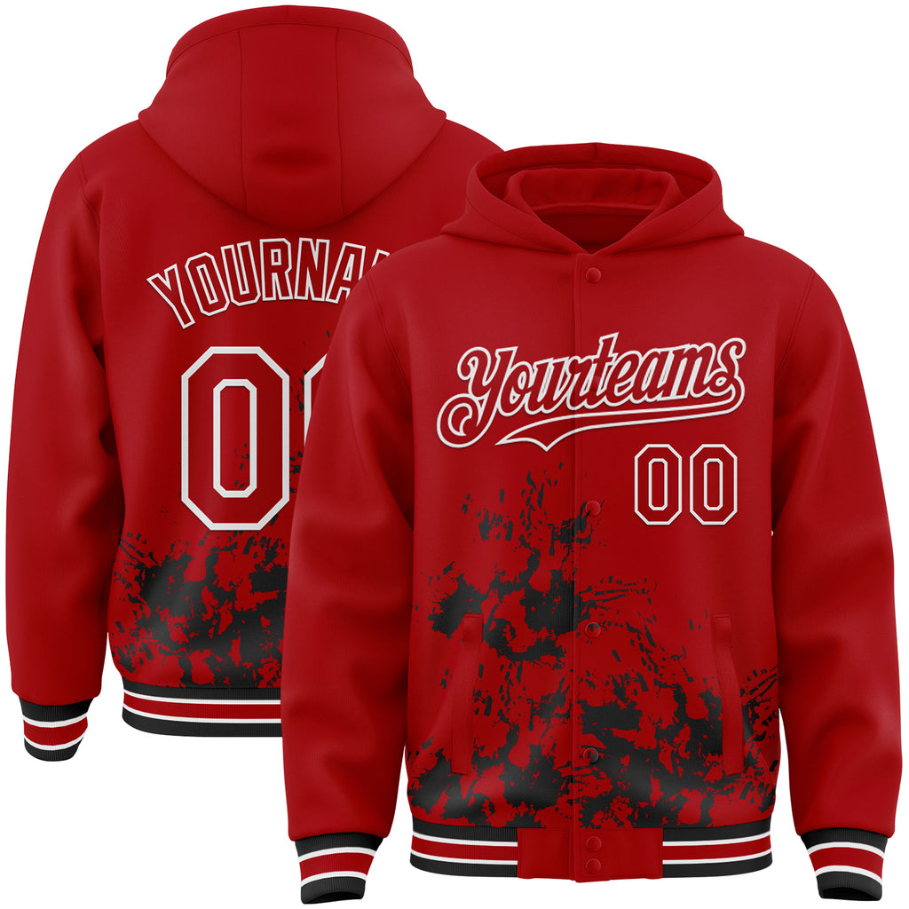 Custom Red Black-White Splash Art 3D Pattern Design Bomber Full-Snap Varsity Letterman Hoodie Jacket