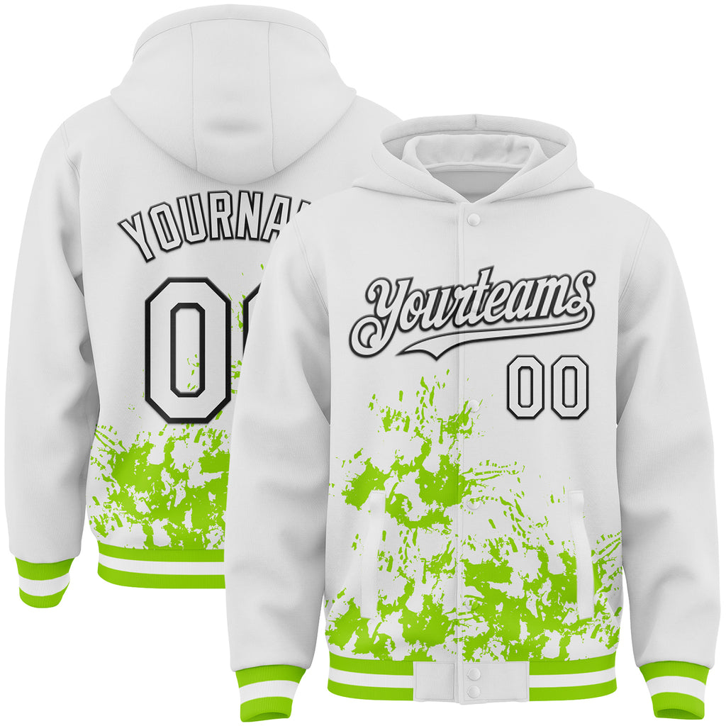 Custom White Neon Green-Black Splash Art 3D Pattern Design Bomber Full-Snap Varsity Letterman Hoodie Jacket
