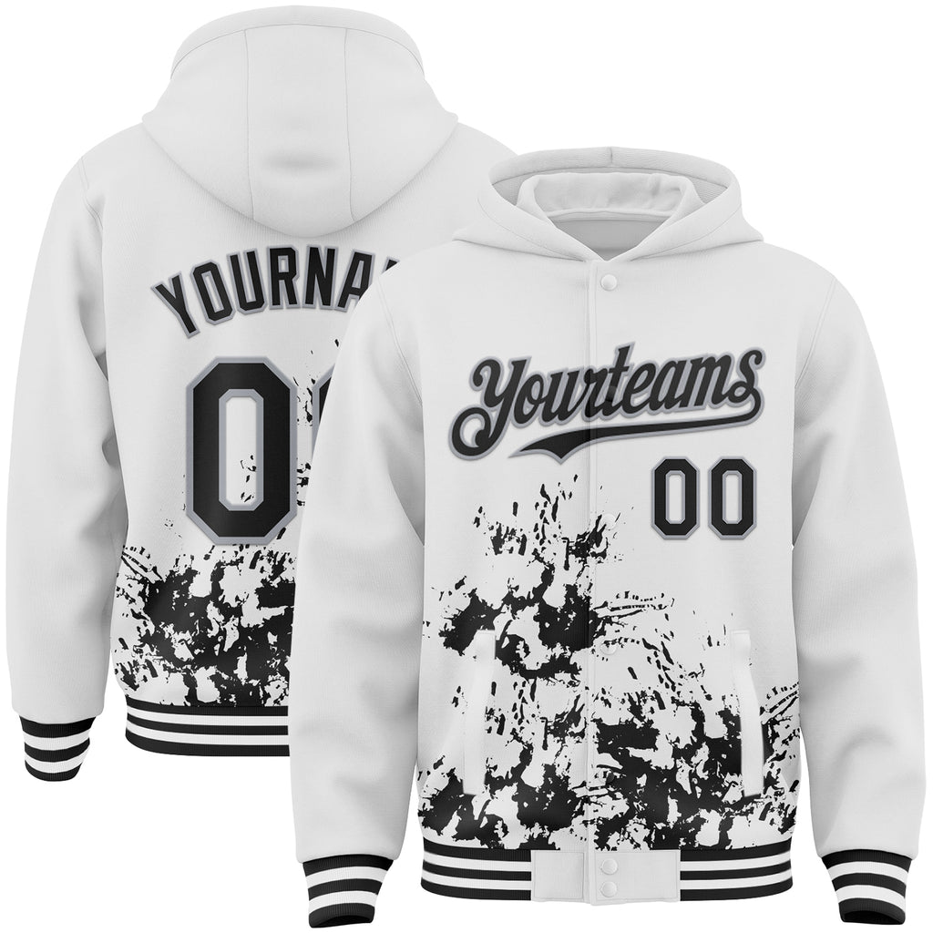 Custom White Black-Gray Splash Art 3D Pattern Design Bomber Full-Snap Varsity Letterman Hoodie Jacket