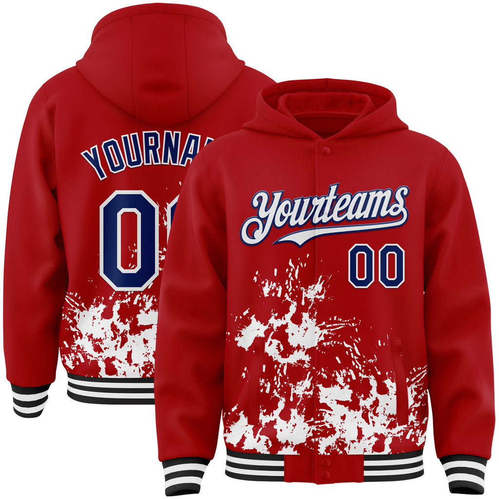 Custom Red Royal Black-White Splash Art 3D Pattern Design Bomber Full-Snap Varsity Letterman Hoodie Jacket