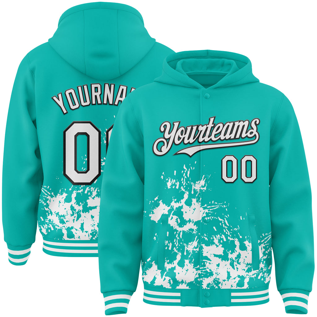 Custom Aqua White-Black Splash Art 3D Pattern Design Bomber Full-Snap Varsity Letterman Hoodie Jacket