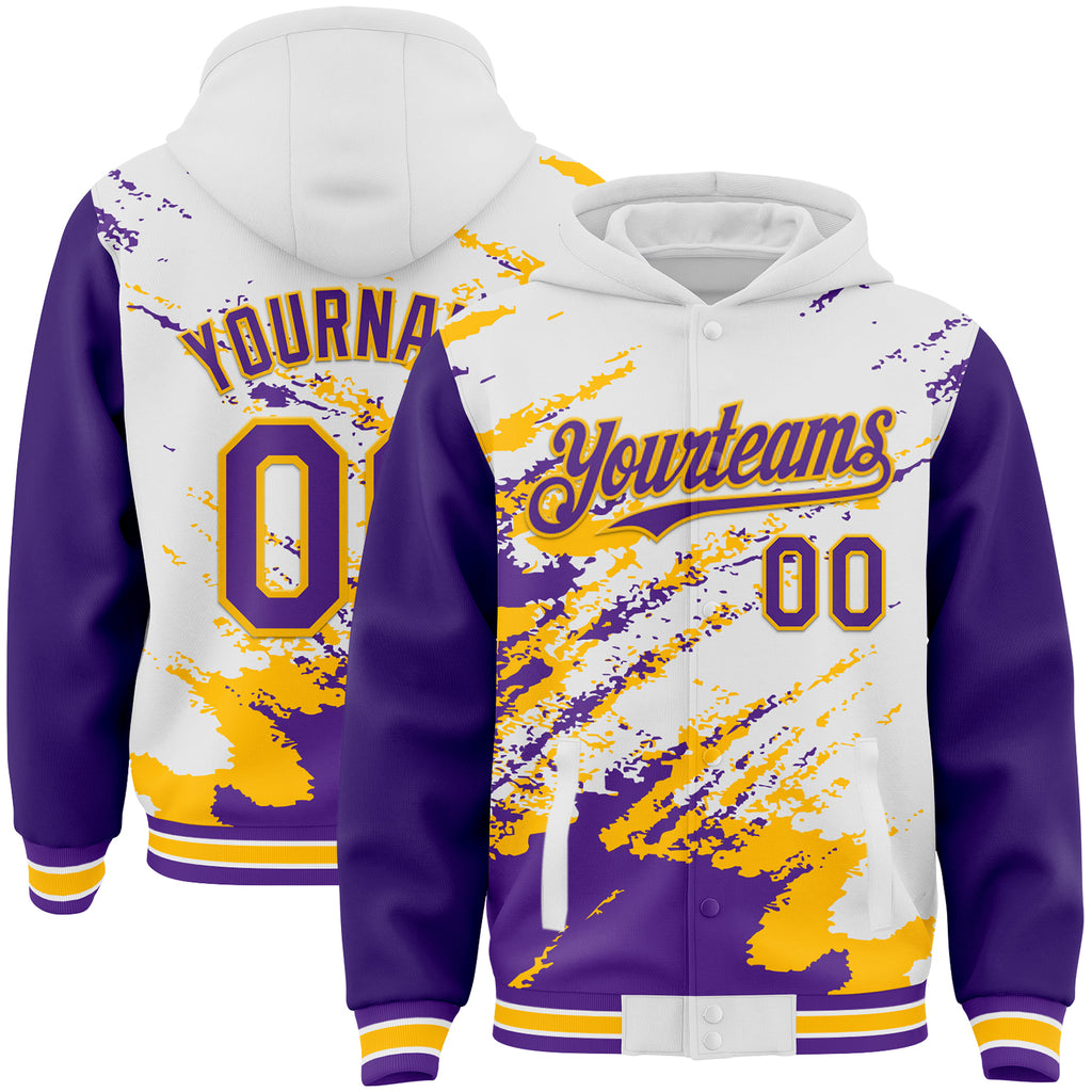 Custom White Purple-Gold Splash Art 3D Pattern Design Bomber Full-Snap Varsity Letterman Hoodie Jacket