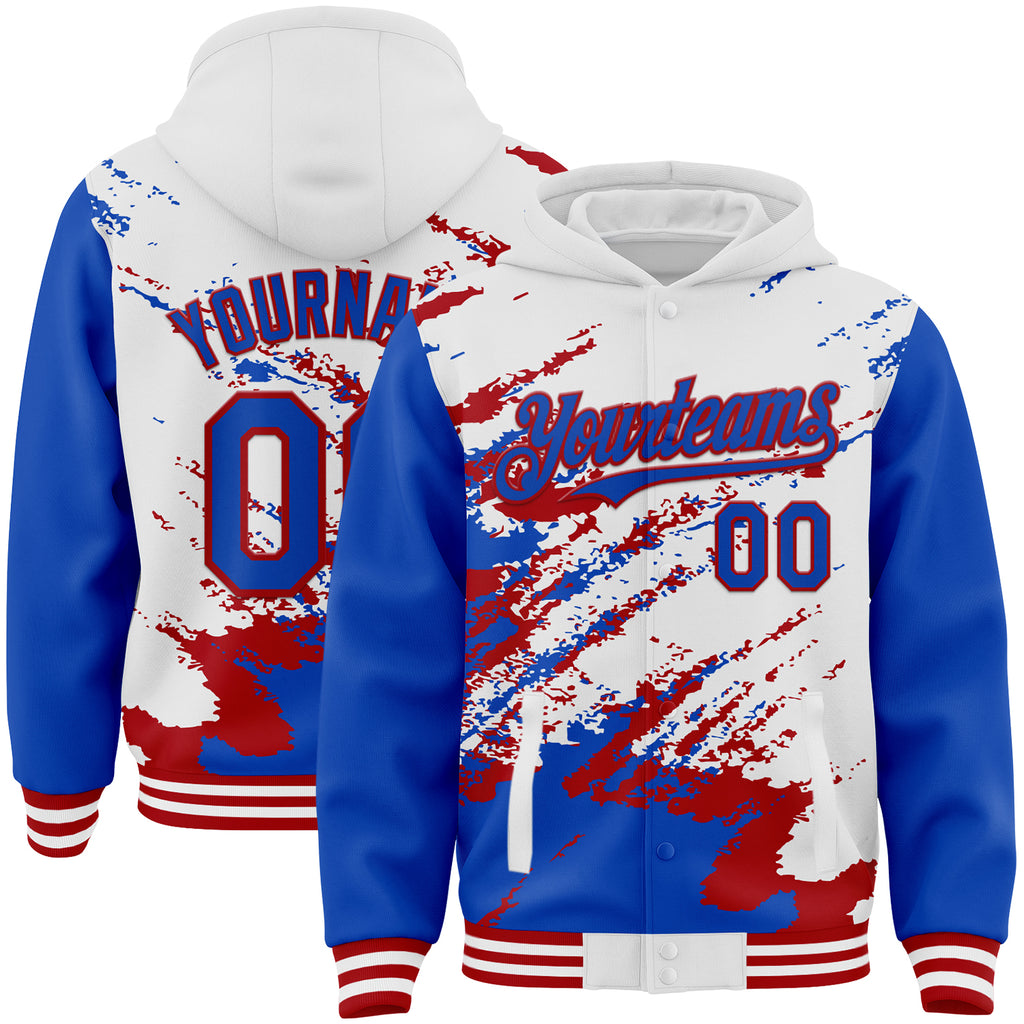 Custom White Thunder Blue-Red Splash Art 3D Pattern Design Bomber Full-Snap Varsity Letterman Hoodie Jacket