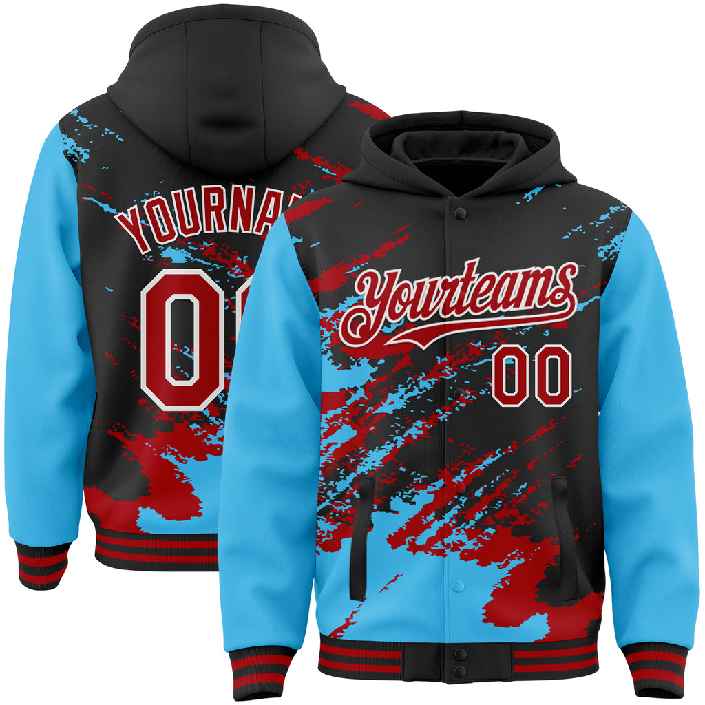 Custom Black Red Sky Blue-White Splash Art 3D Pattern Design Bomber Full-Snap Varsity Letterman Hoodie Jacket