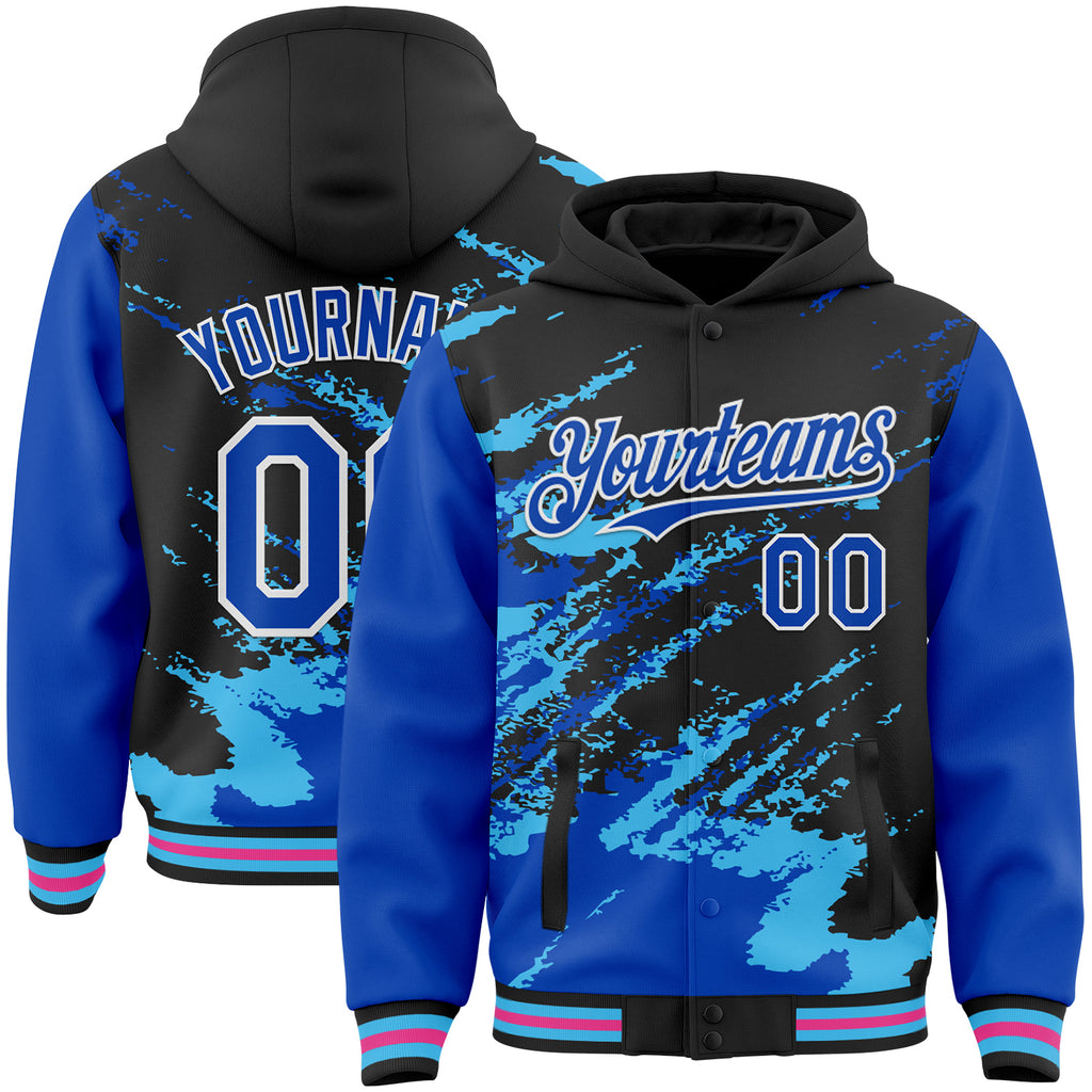 Custom Black Thunder Blue Sky Blue Pink-White Splash Art 3D Pattern Design Bomber Full-Snap Varsity Letterman Hoodie Jacket