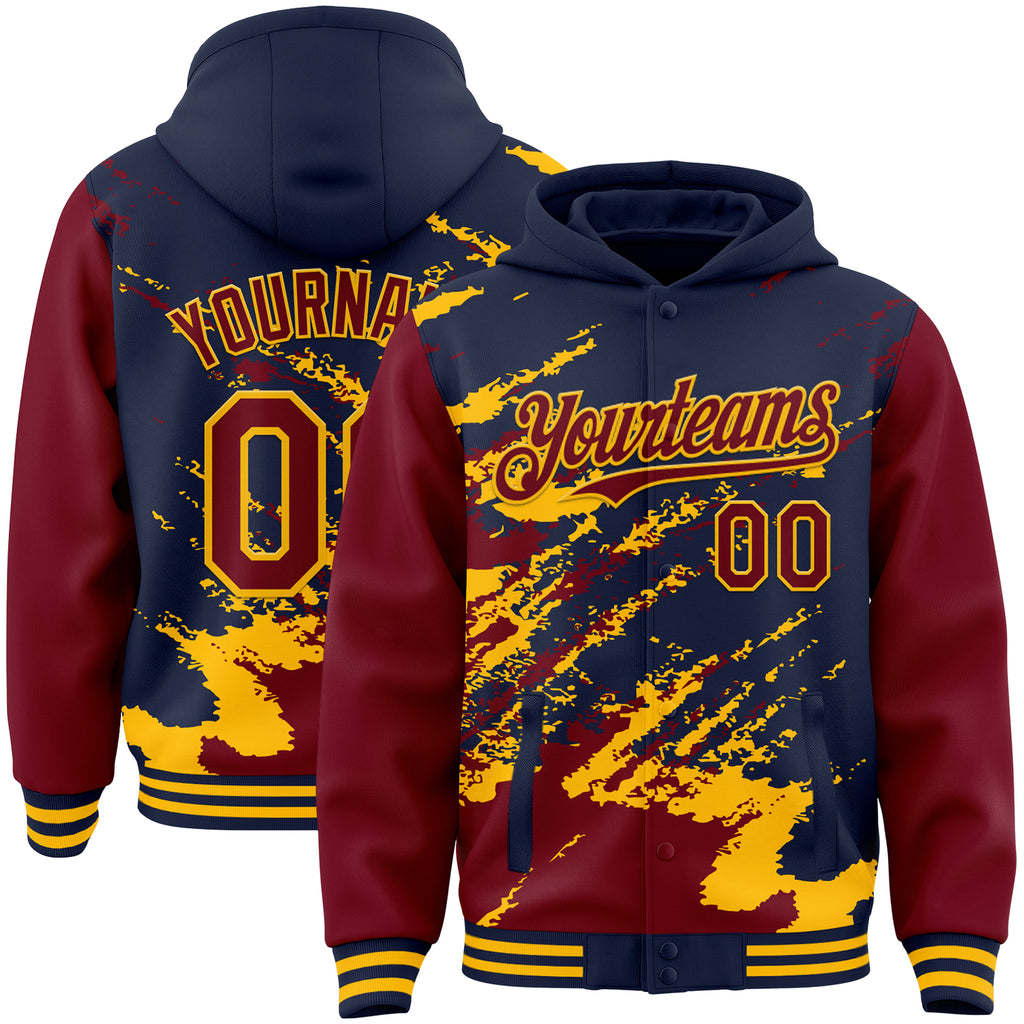 Custom Navy Crimson-Gold Splash Art 3D Pattern Design Bomber Full-Snap Varsity Letterman Hoodie Jacket
