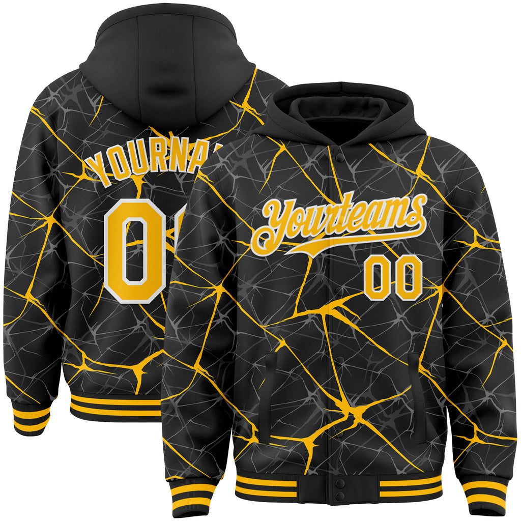 Custom Black Gold-White Abstract Network 3D Pattern Design Bomber Full-Snap Varsity Letterman Hoodie Jacket