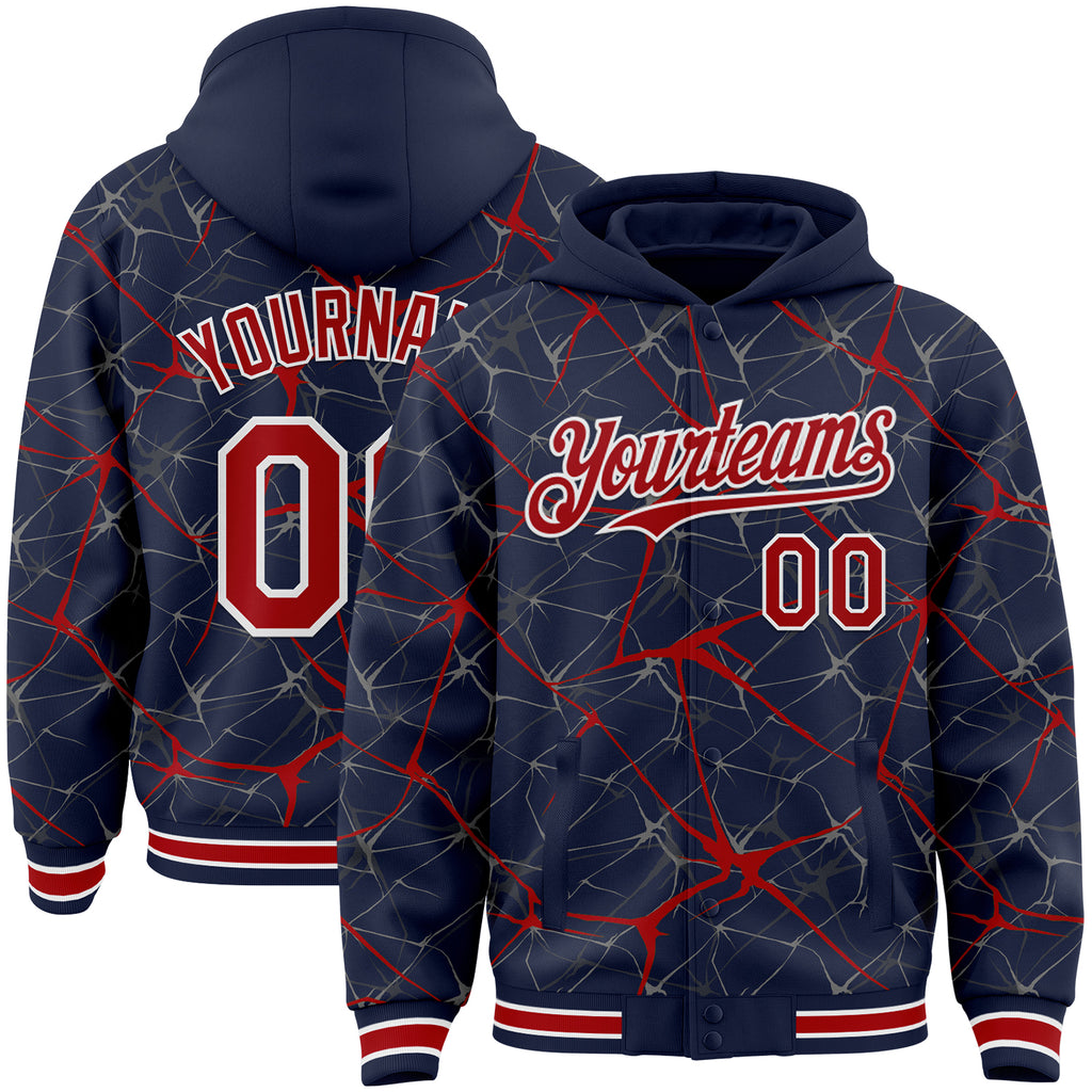 Custom Navy Red-White Abstract Network 3D Pattern Design Bomber Full-Snap Varsity Letterman Hoodie Jacket