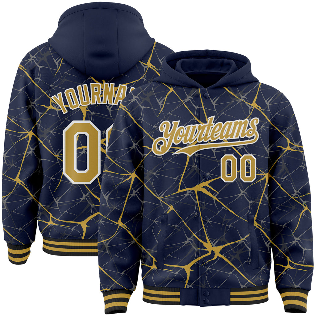 Custom Navy Old Gold-White Abstract Network 3D Pattern Design Bomber Full-Snap Varsity Letterman Hoodie Jacket