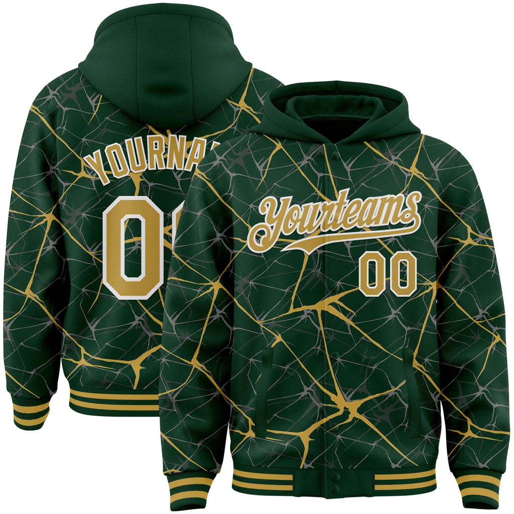 Custom Green Old Gold-White Abstract Network 3D Pattern Design Bomber Full-Snap Varsity Letterman Hoodie Jacket