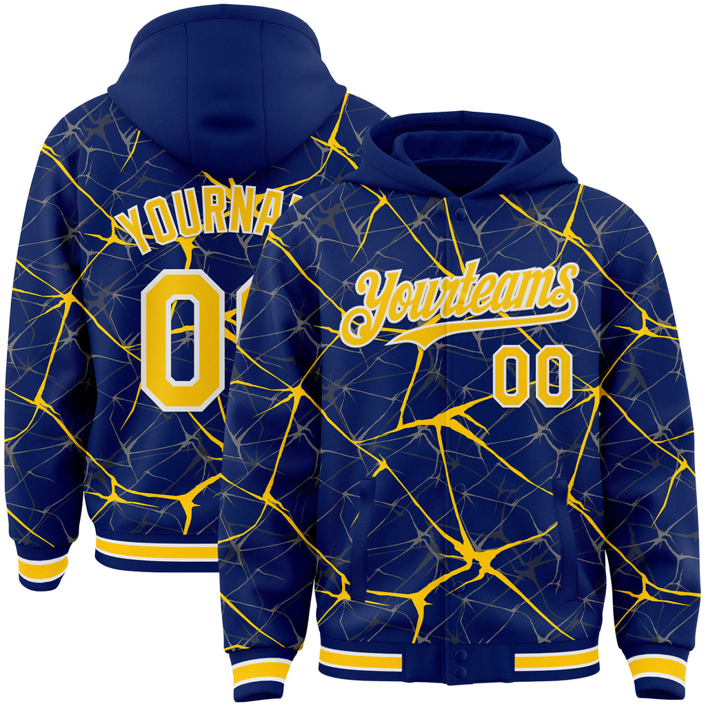 Custom Royal Yellow-White Abstract Network 3D Pattern Design Bomber Full-Snap Varsity Letterman Hoodie Jacket
