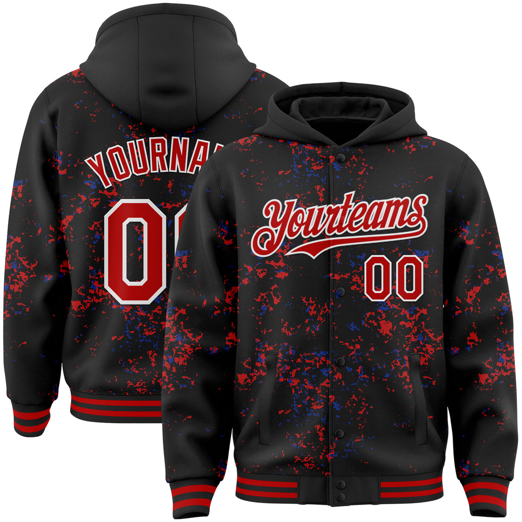 Custom Black Red Royal-White Fragment 3D Pattern Design Bomber Full-Snap Varsity Letterman Hoodie Jacket