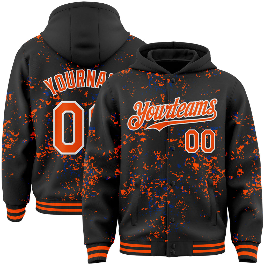 Custom Black Orange Royal-White Fragment 3D Pattern Design Bomber Full-Snap Varsity Letterman Hoodie Jacket