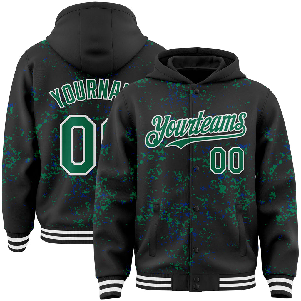 Custom Black Kelly Green Royal-White Fragment 3D Pattern Design Bomber Full-Snap Varsity Letterman Hoodie Jacket
