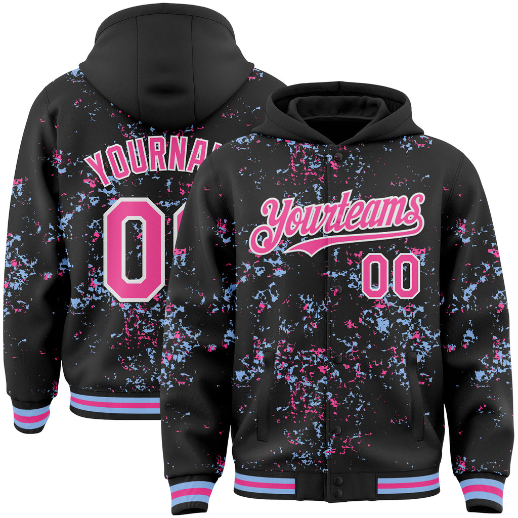 Custom Black Pink Light Blue-White Fragment 3D Pattern Design Bomber Full-Snap Varsity Letterman Hoodie Jacket