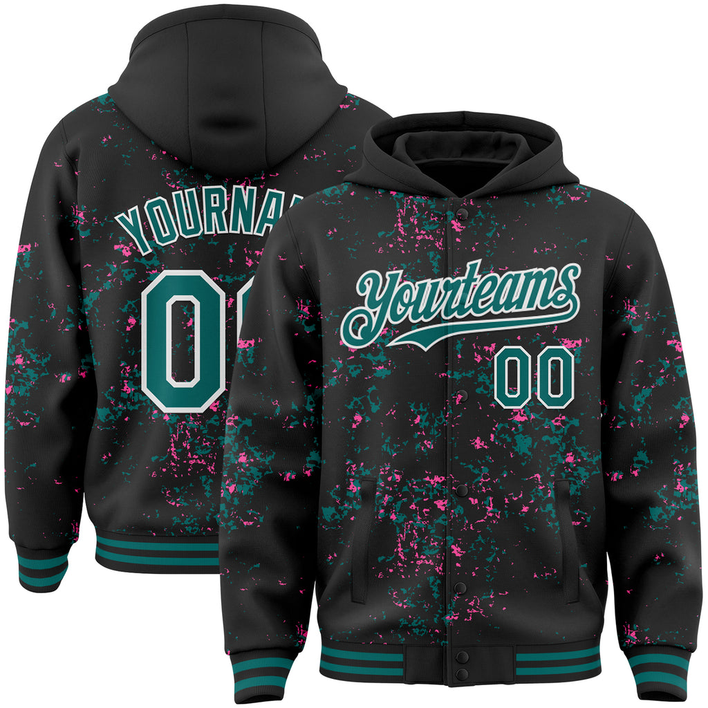 Custom Black Teal Pink-White Fragment 3D Pattern Design Bomber Full-Snap Varsity Letterman Hoodie Jacket