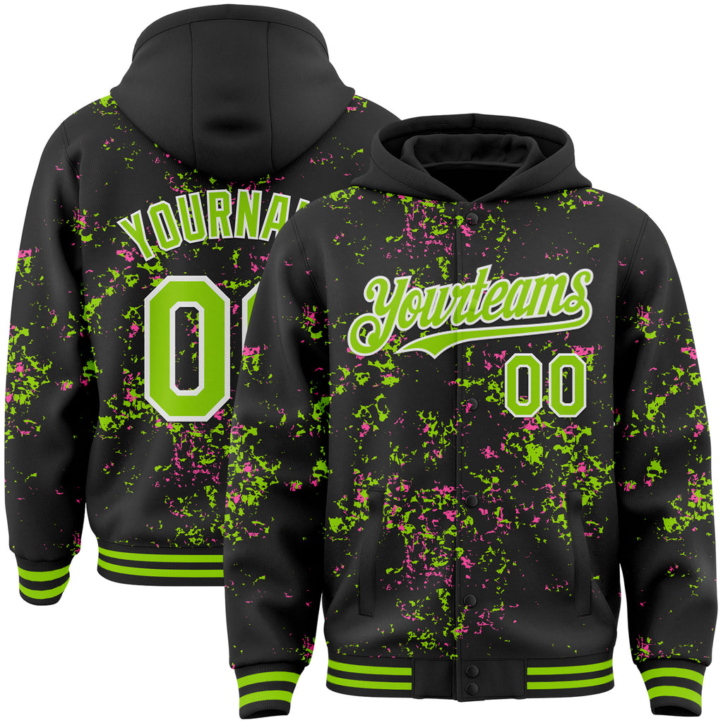 Custom Black Neon Green Pink-White Fragment 3D Pattern Design Bomber Full-Snap Varsity Letterman Hoodie Jacket