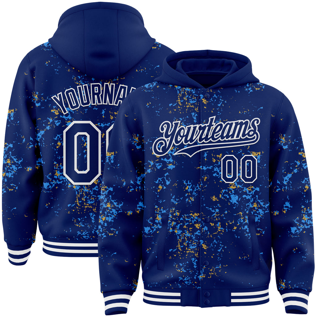 Custom Royal Powder Blue Old Gold-White Fragment 3D Pattern Design Bomber Full-Snap Varsity Letterman Hoodie Jacket