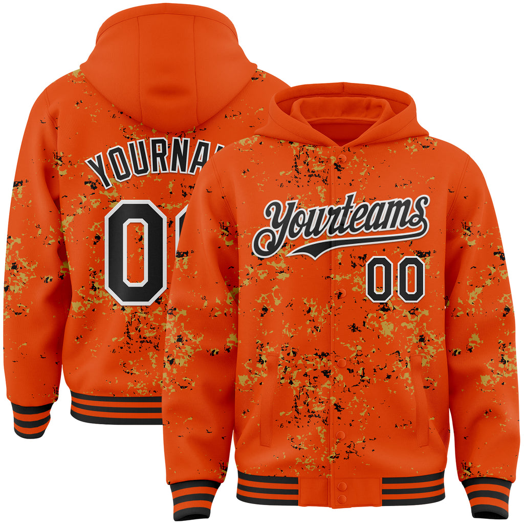 Custom Orange Black Old Gold-White Fragment 3D Pattern Design Bomber Full-Snap Varsity Letterman Hoodie Jacket