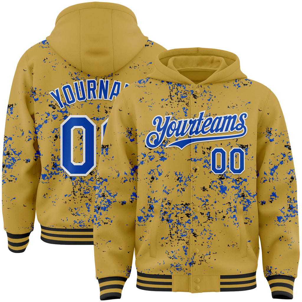 Custom Old Gold Thunder Blue Black-White Fragment 3D Pattern Design Bomber Full-Snap Varsity Letterman Hoodie Jacket