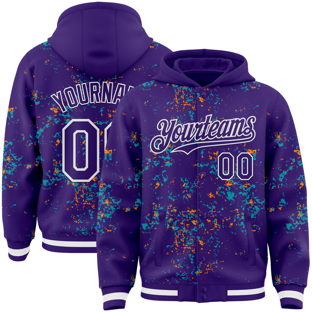 Custom Purple Teal Bay Orange-White Fragment 3D Pattern Design Bomber Full-Snap Varsity Letterman Hoodie Jacket