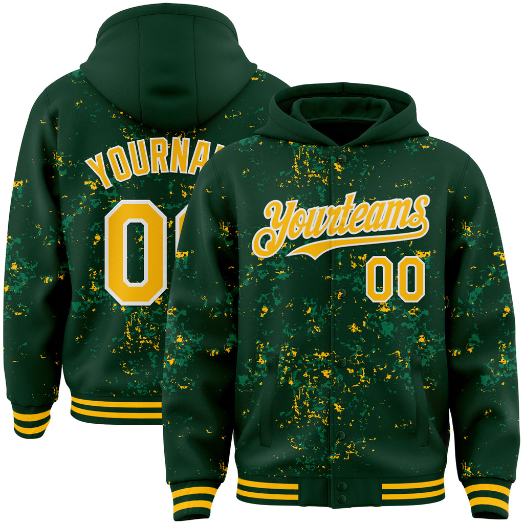 Custom Green Gold Kelly Green-White Fragment 3D Pattern Design Bomber Full-Snap Varsity Letterman Hoodie Jacket