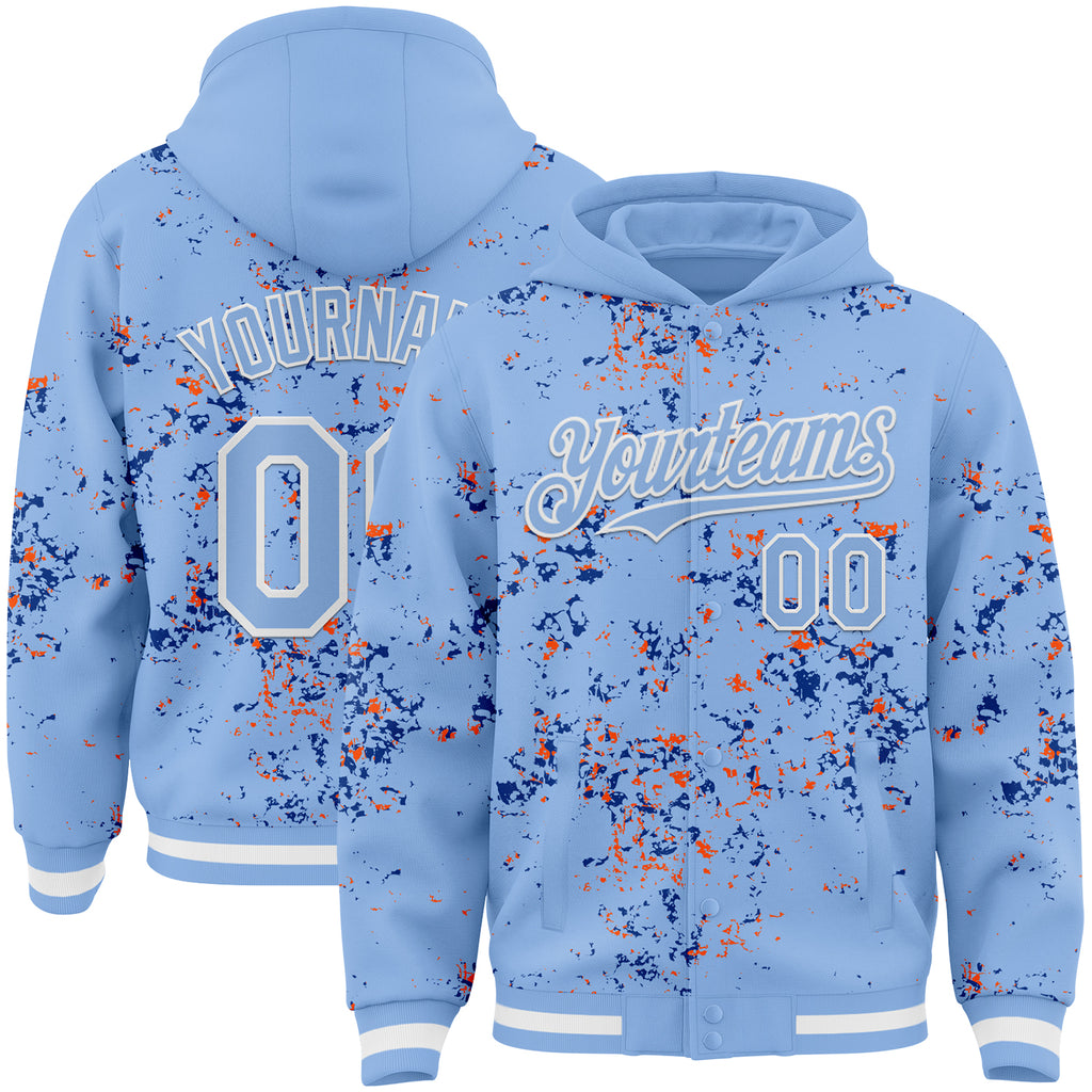Custom Light Blue Royal Orange-White Fragment 3D Pattern Design Bomber Full-Snap Varsity Letterman Hoodie Jacket